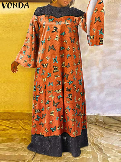 Liela izmēra 5XL VONDA sieviešu kleita ar bohēmisku apdruku, 2023. g. garām piedurknēm, kroku vintage mežģīņu raibs gadījuma brīvs ballītes Vestido halāts