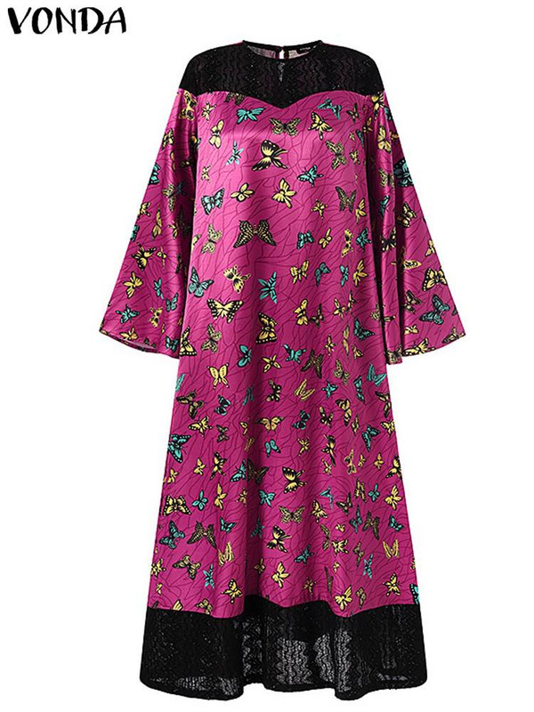 Liela izmēra 5XL VONDA sieviešu kleita ar bohēmisku apdruku, 2023. g. garām piedurknēm, kroku vintage mežģīņu raibs gadījuma brīvs ballītes Vestido halāts