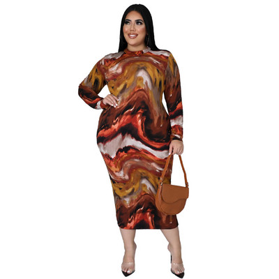 Liela izmēra rudens ziemas, augsta kakla seksīga apdruka liela izmēra kleita vairumtirdzniecība garām piedurknēm krāsains raksts elegants 3xl 4xl 5xl 6xl