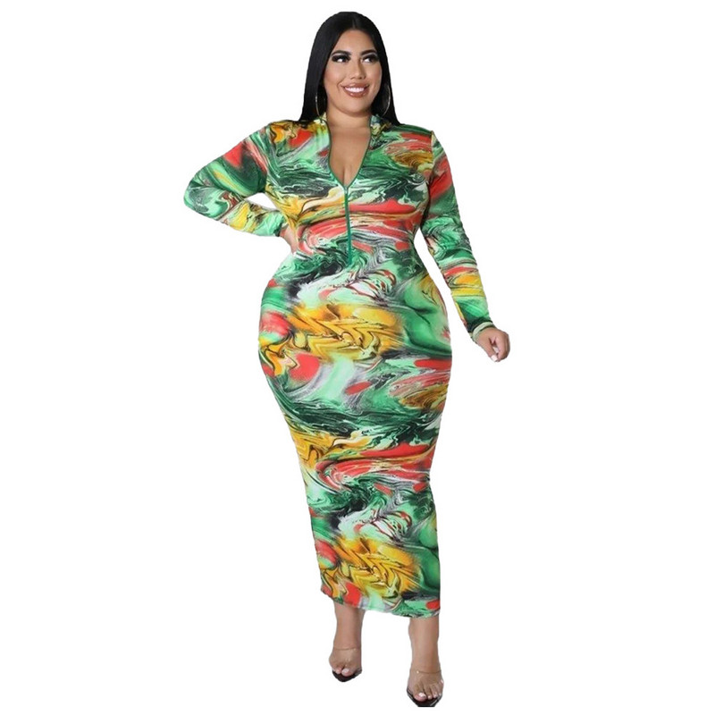 Liela izmēra rudens ziemas, augsta kakla seksīga apdruka liela izmēra kleita vairumtirdzniecība garām piedurknēm krāsains raksts elegants 3xl 4xl 5xl 6xl