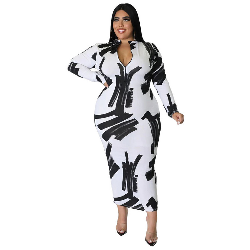 Liela izmēra rudens ziemas, augsta kakla seksīga apdruka liela izmēra kleita vairumtirdzniecība garām piedurknēm krāsains raksts elegants 3xl 4xl 5xl 6xl