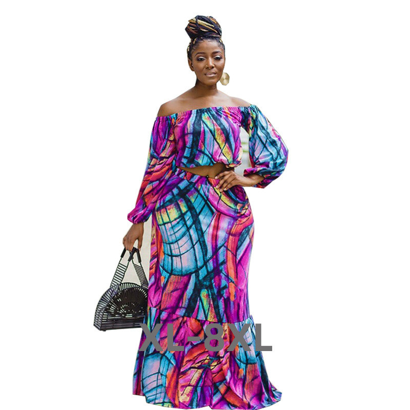 Liela izmēra komplekti vairumtirdzniecība Divdaļīgs komplekts Sieviešu svārku uzvalki Sexy Off plec Print Ikdienas ielas apģērbs 3xl 4xl 5xl 6xl