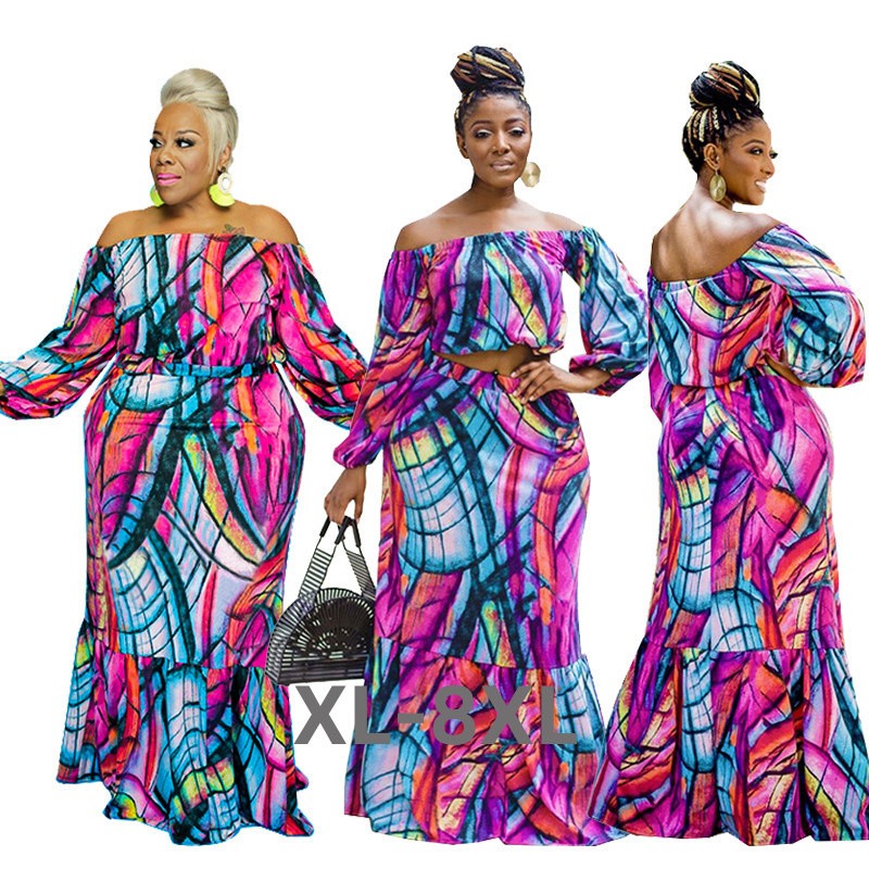 Liela izmēra komplekti vairumtirdzniecība Divdaļīgs komplekts Sieviešu svārku uzvalki Sexy Off plec Print Ikdienas ielas apģērbs 3xl 4xl 5xl 6xl