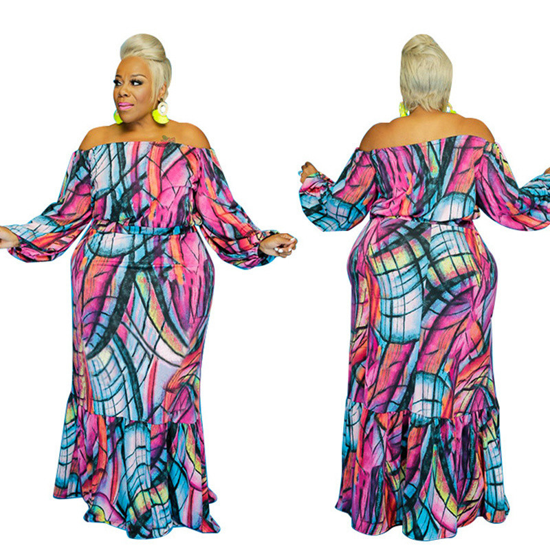 Liela izmēra komplekti vairumtirdzniecība Divdaļīgs komplekts Sieviešu svārku uzvalki Sexy Off plec Print Ikdienas ielas apģērbs 3xl 4xl 5xl 6xl