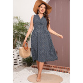 Sieviešu ikdienas kleitas bez piedurknēm liela izmēra vasaras kleita ar V veida kakla izgriezumu ar ziediem Boho Midi