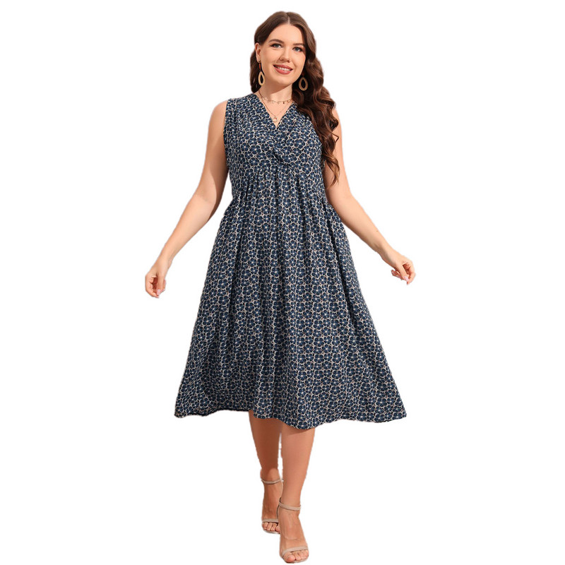 Sieviešu ikdienas kleitas bez piedurknēm liela izmēra vasaras kleita ar V veida kakla izgriezumu ar ziediem Boho Midi