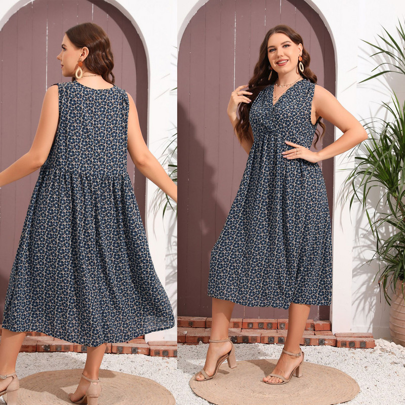 Sieviešu ikdienas kleitas bez piedurknēm liela izmēra vasaras kleita ar V veida kakla izgriezumu ar ziediem Boho Midi