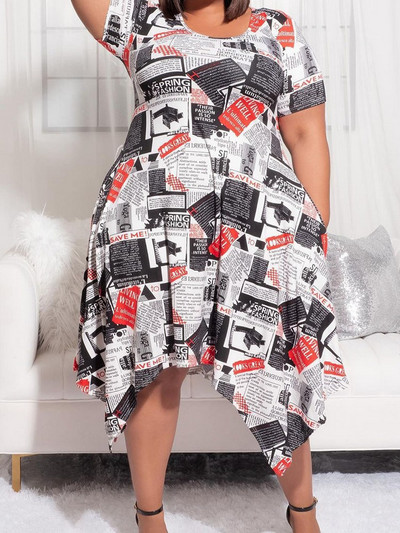 ZJFZML ZZ Liela izmēra sieviešu apģērbi ar gradienta krāsu dimanta čeku apdruku ar īsām piedurknēm apaļu kakla izgriezumu, asimetriskas apakšmalas kleitas