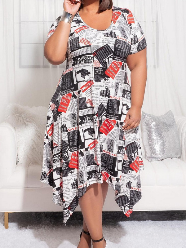 ZJFZML ZZ Liela izmēra sieviešu apģērbi ar gradienta krāsu dimanta čeku apdruku ar īsām piedurknēm apaļu kakla izgriezumu, asimetriskas apakšmalas kleitas