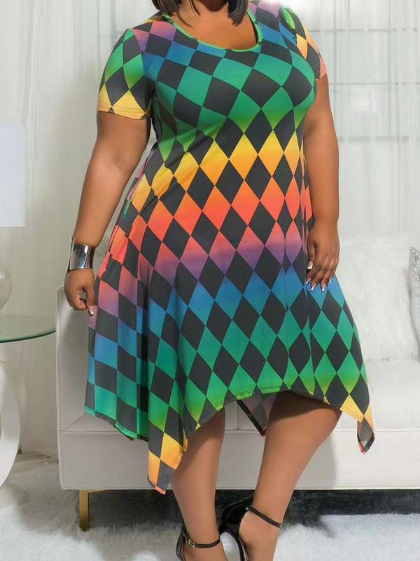 ZJFZML ZZ Liela izmēra sieviešu apģērbi ar gradienta krāsu dimanta čeku apdruku ar īsām piedurknēm apaļu kakla izgriezumu, asimetriskas apakšmalas kleitas