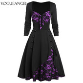 GothicDress Vintage μίντι φόρεμα μαύρο δαντέλα συνονθύλευμα μακρυμάνικο γοτθικό γυναικείο φόρεμα πανκ ροκ με κουμπιά φιόγκο V λαιμόκοψη σε συν μέγεθος σέξι