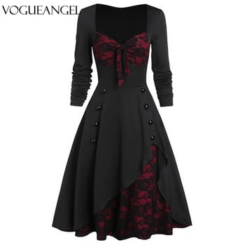 GothicDress Vintage μίντι φόρεμα μαύρο δαντέλα συνονθύλευμα μακρυμάνικο γοτθικό γυναικείο φόρεμα πανκ ροκ με κουμπιά φιόγκο V λαιμόκοψη σε συν μέγεθος σέξι