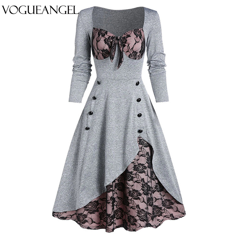 GothicDress Vintage μίντι φόρεμα μαύρο δαντέλα συνονθύλευμα μακρυμάνικο γοτθικό γυναικείο φόρεμα πανκ ροκ με κουμπιά φιόγκο V λαιμόκοψη σε συν μέγεθος σέξι