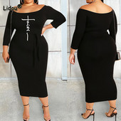 Ikdienas burtu apdruka ar vienu vārdu apkakles šņorējama soma gurniem ar trīs ceturtdaļām piedurknēm vasaras rudens modes lielizmēra kleita sievietēm