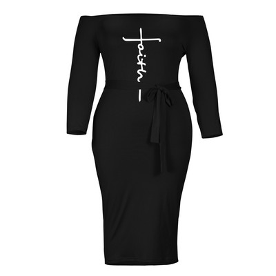 Ikdienas burtu apdruka ar vienu vārdu apkakles šņorējama soma gurniem ar trīs ceturtdaļām piedurknēm vasaras rudens modes lielizmēra kleita sievietēm