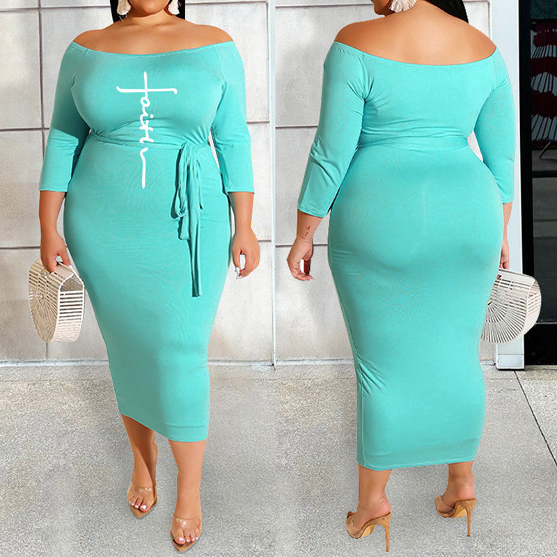 Ikdienas burtu apdruka ar vienu vārdu apkakles šņorējama soma gurniem ar trīs ceturtdaļām piedurknēm vasaras rudens modes lielizmēra kleita sievietēm