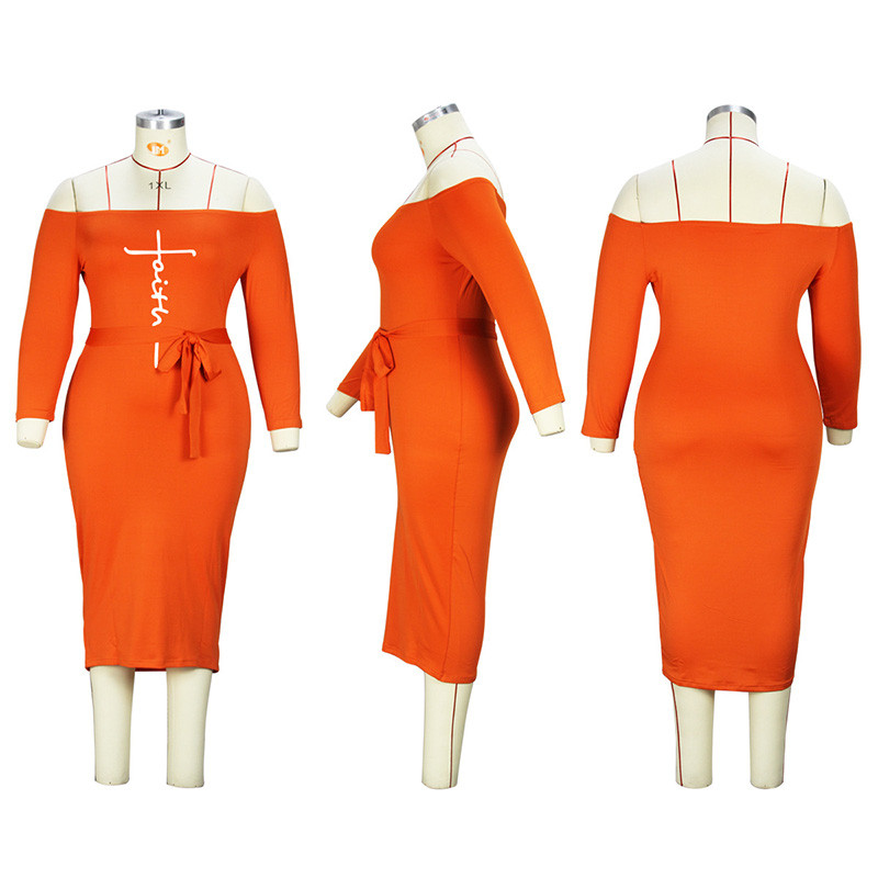 Ikdienas burtu apdruka ar vienu vārdu apkakles šņorējama soma gurniem ar trīs ceturtdaļām piedurknēm vasaras rudens modes lielizmēra kleita sievietēm