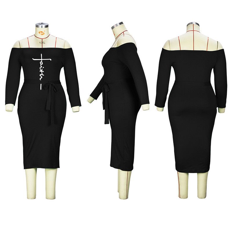 Ikdienas burtu apdruka ar vienu vārdu apkakles šņorējama soma gurniem ar trīs ceturtdaļām piedurknēm vasaras rudens modes lielizmēra kleita sievietēm