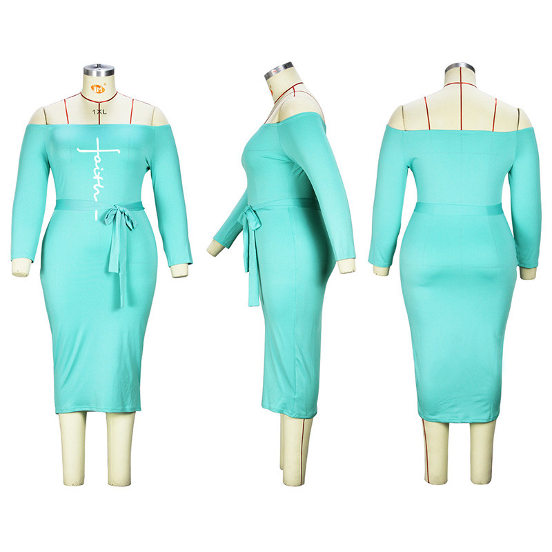 Ikdienas burtu apdruka ar vienu vārdu apkakles šņorējama soma gurniem ar trīs ceturtdaļām piedurknēm vasaras rudens modes lielizmēra kleita sievietēm