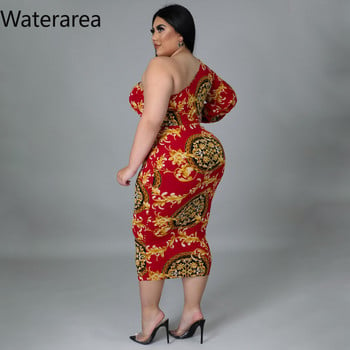 Waterarea Plus Size Fashion Print Γυναικεία Φόρεμα Σέξι με κλίση ώμου με έναν ώμο Midi φόρεμα Vintage Bodycon Vestido African