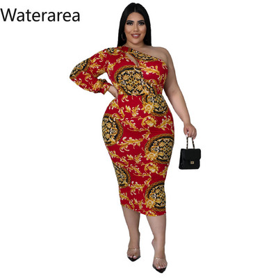 Waterarea lielizmēra modes apdruka sieviešu kleita, seksīga, slīpa uz pleca, vidēja izmēra kleita, retro stila Bodycon Vestido African