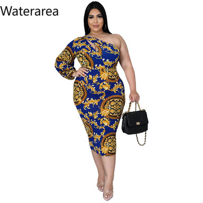 Waterarea lielizmēra modes apdruka sieviešu kleita, seksīga, slīpa uz pleca, vidēja izmēra kleita, retro stila Bodycon Vestido African