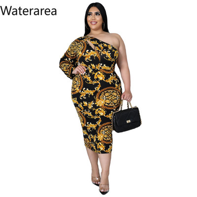 Waterarea lielizmēra modes apdruka sieviešu kleita, seksīga, slīpa uz pleca, vidēja izmēra kleita, retro stila Bodycon Vestido African
