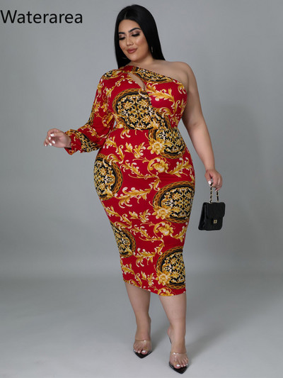Waterarea suures suuruses moeprintidega naiste kleit Seksikas kaldus õlaga ühe õlaga Midi kleit Vintage Bodycon Vestido African