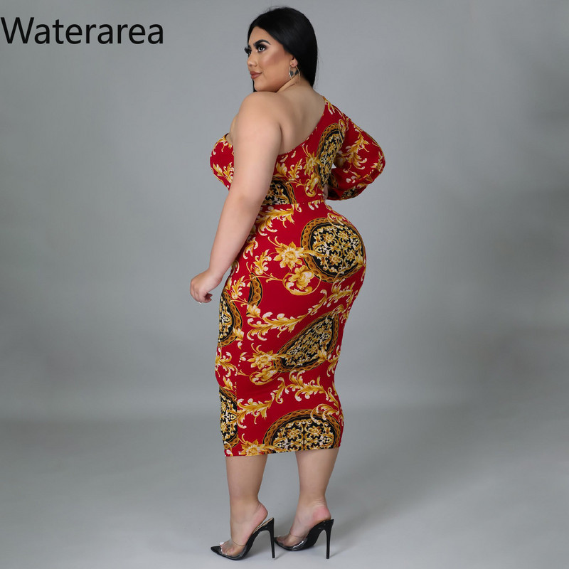 Waterarea lielizmēra modes apdruka sieviešu kleita, seksīga, slīpa uz pleca, vidēja izmēra kleita, retro stila Bodycon Vestido African