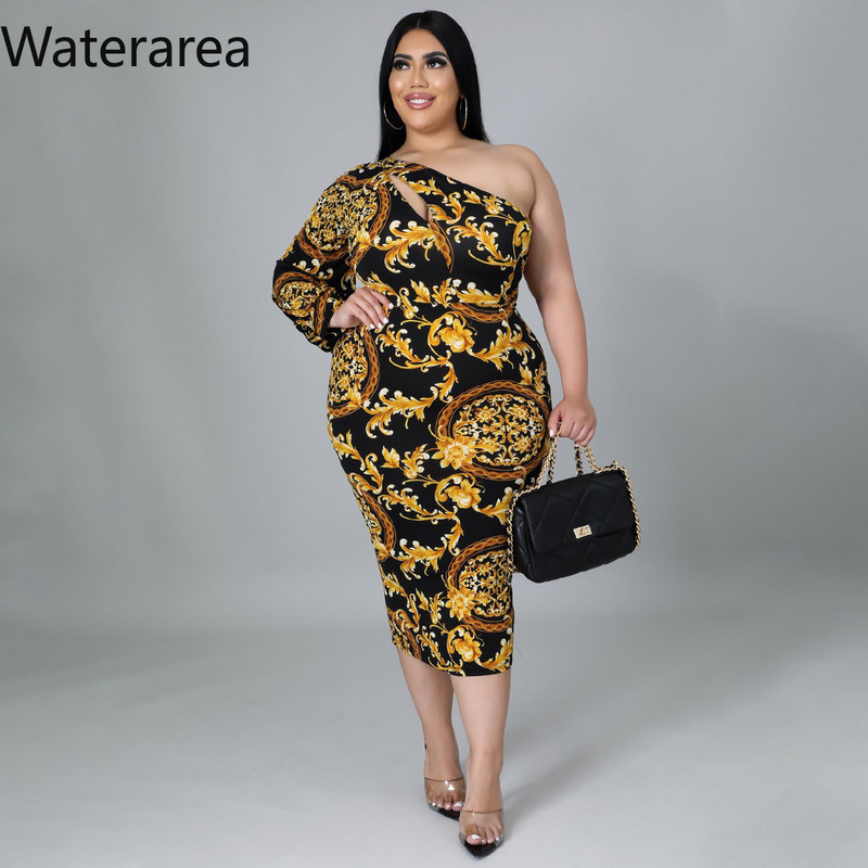 Waterarea lielizmēra modes apdruka sieviešu kleita, seksīga, slīpa uz pleca, vidēja izmēra kleita, retro stila Bodycon Vestido African