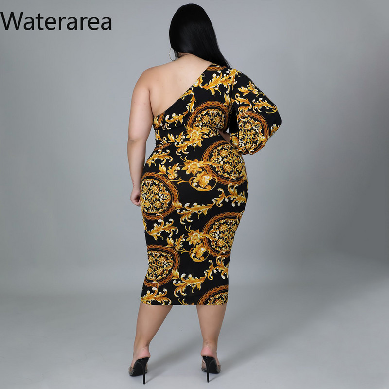 Waterarea lielizmēra modes apdruka sieviešu kleita, seksīga, slīpa uz pleca, vidēja izmēra kleita, retro stila Bodycon Vestido African
