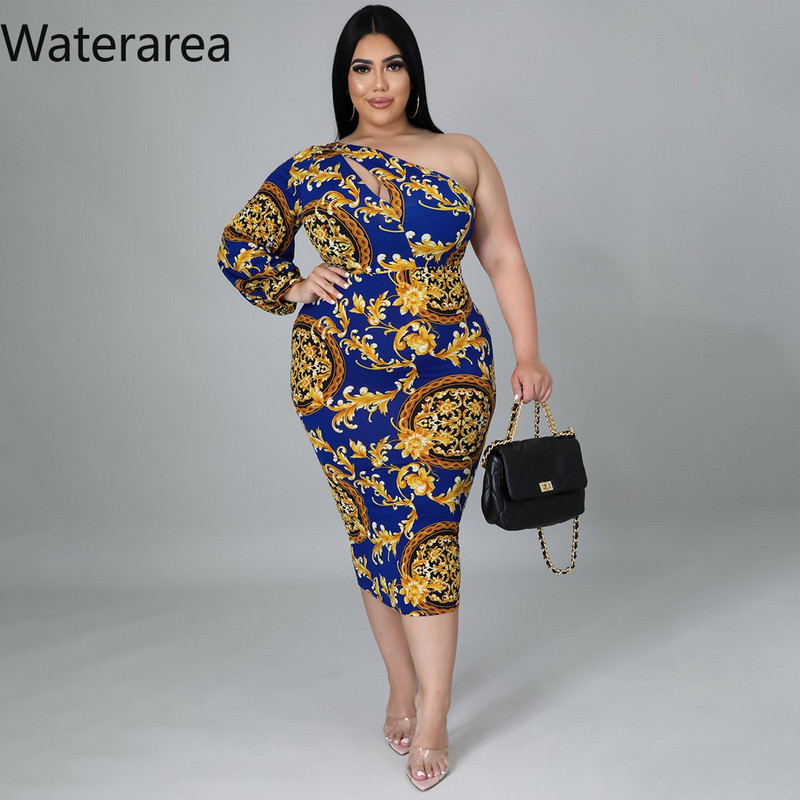 Waterarea lielizmēra modes apdruka sieviešu kleita, seksīga, slīpa uz pleca, vidēja izmēra kleita, retro stila Bodycon Vestido African