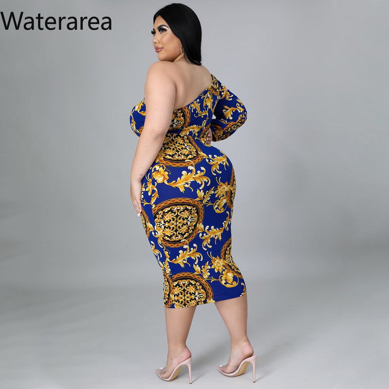 Waterarea lielizmēra modes apdruka sieviešu kleita, seksīga, slīpa uz pleca, vidēja izmēra kleita, retro stila Bodycon Vestido African