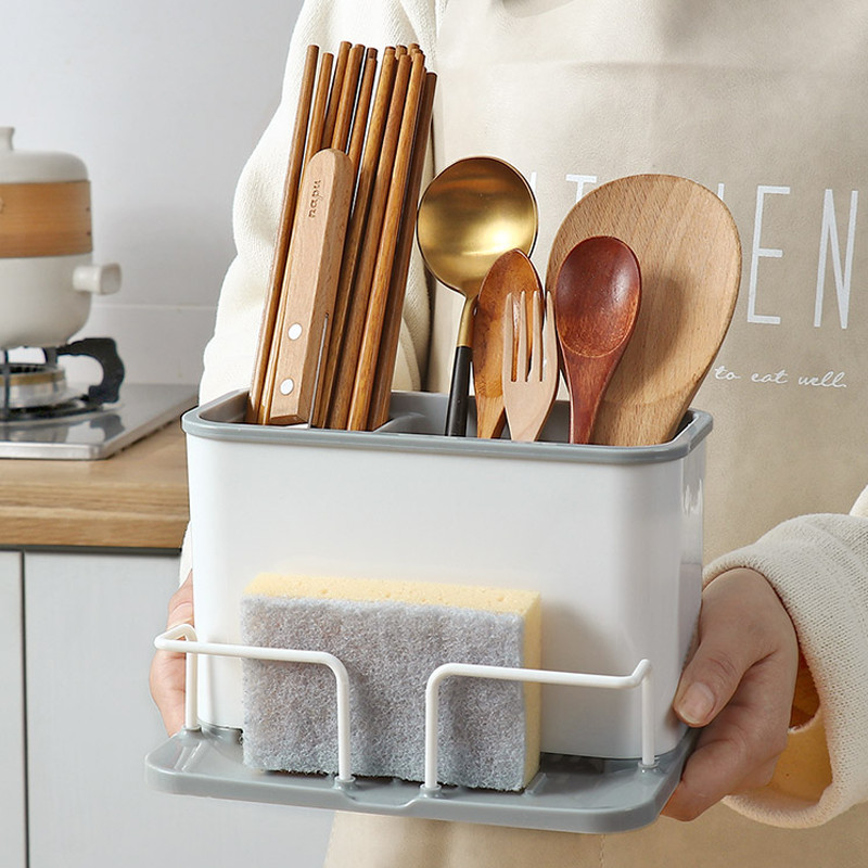 Plastmasas dubultā režģa Irbulīši Būra plaukts Galda trauki Karote Drenāža Sūklis Plaukti Uzglabāšanas grozi Virtuves galda piederumu organizatora turētājs