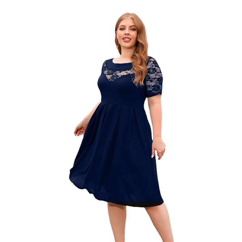 Liela izmēra sieviešu kleita Eleganta temperamenta kroku ikdienišķa kleita vasaras īsām piedurknēm V veida kakla izgriezumā, seksīga, mežģīņotā midi kleita Vestidos