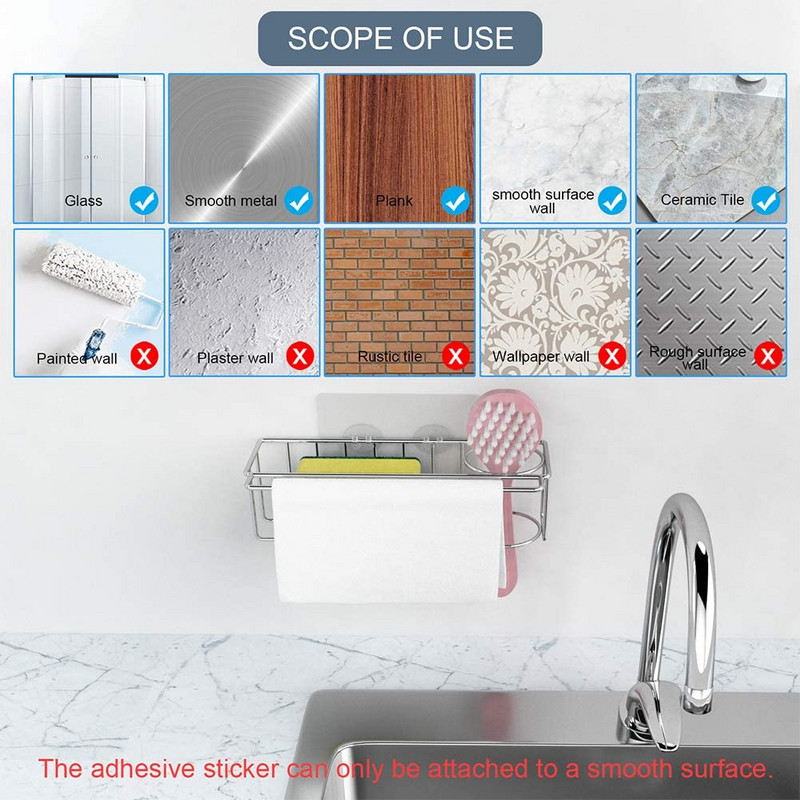 Virtuves sūkļu turētājs Pašlīmējošs nerūsējošā tērauda izlietnes birste Sūkļi Drenāžas žāvēšanas plaukts Glabāšanas turētājs Virtuves izlietnes organizators