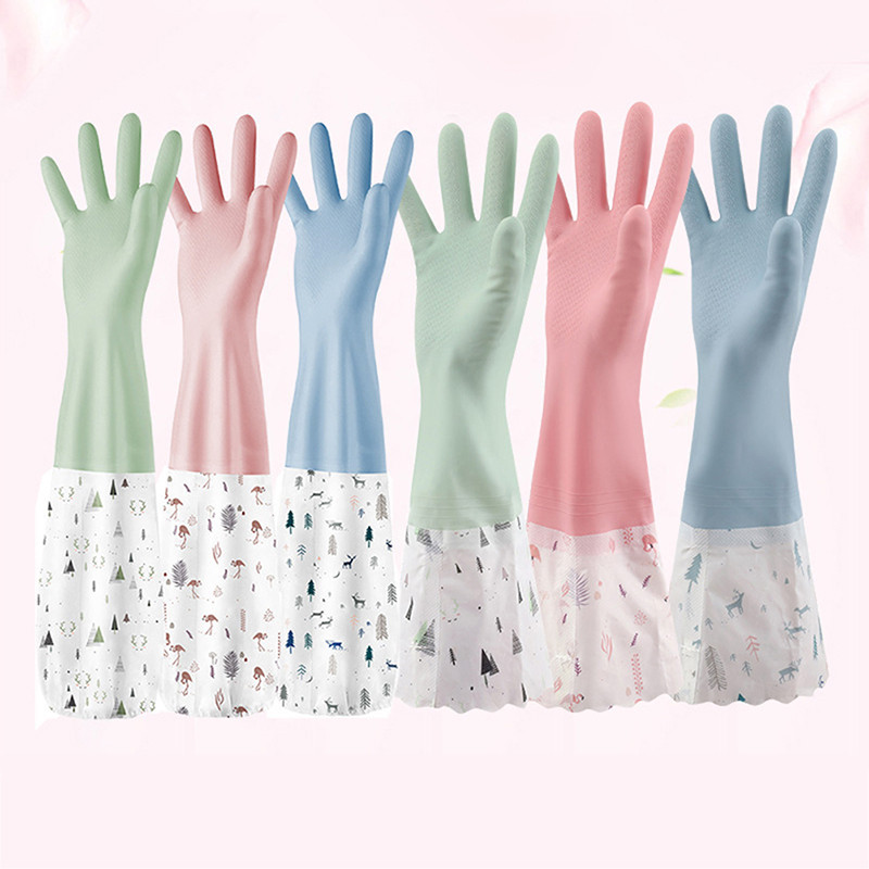 Ūdensizturīgs kokvilnas samts tīrīšanas cimdi Magic trauku mazgāšanas cimdi virtuvei mājsaimniecībai samta odere ar garām piedurknēm cimdi M