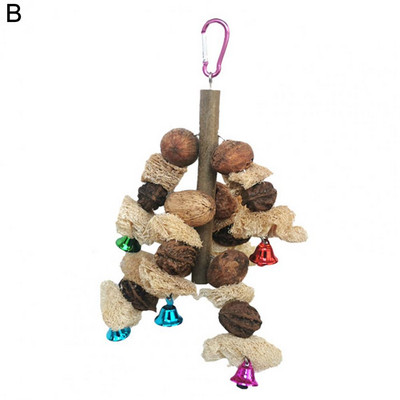 Putnu košļājamā rotaļlieta ar zvaniņiem Zobu molārs Dabīga koka papagaiļa karājas barības meklēšanas rotaļlietas Šūpoles būris Piederumi игрушки для попугаев