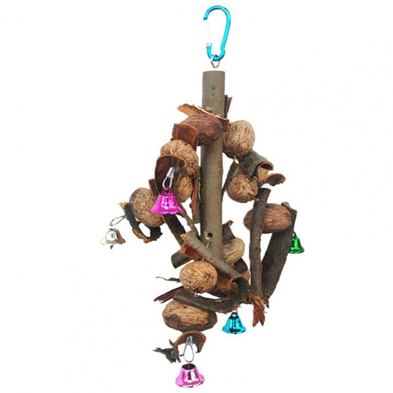 Putnu košļājamā rotaļlieta ar zvaniņiem Zobu molārs Dabīga koka papagaiļa karājas barības meklēšanas rotaļlietas Šūpoles būris Piederumi игрушки для попугаев