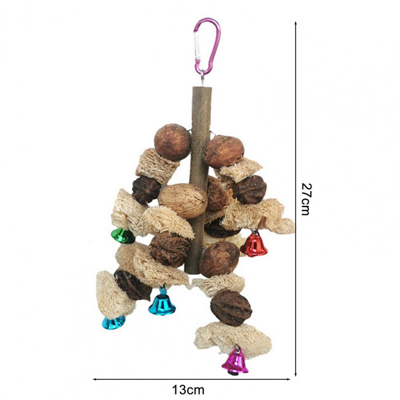 Putnu košļājamā rotaļlieta ar zvaniņiem Zobu molārs Dabīga koka papagaiļa karājas barības meklēšanas rotaļlietas Šūpoles būris Piederumi игрушки для попугаев