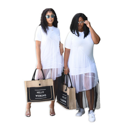 CM.YAYA Sievietēm Liela izmēra kleita, raibs, īsās piedurknes ar O-veida kakla izgriezumu, brīvas taisnas maksi garas kleitas Modes ielas apģērbs Vestidos vasara