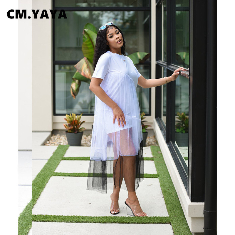 CM.YAYA Sievietēm Liela izmēra kleita, raibs, īsās piedurknes ar O-veida kakla izgriezumu, brīvas taisnas maksi garas kleitas Modes ielas apģērbs Vestidos vasara