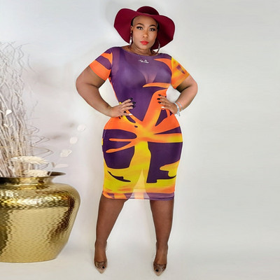 CM.YAYA lielizmēra sieviešu tīklveida kleita ar apdruku ar īsu piedurkņu Bodycon Midi kleitu 2022. gada vasaras seksīgajai pludmales ballīšu kleitai