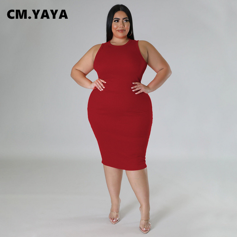 CM.YAYA Sievietēm Liela izmēra Modes Bezpiedurkņu Trikotāžas Riebu Bodycon Midi Tank Kleita High Street Vintage ballīšu vakarkleitas ar zīmuli