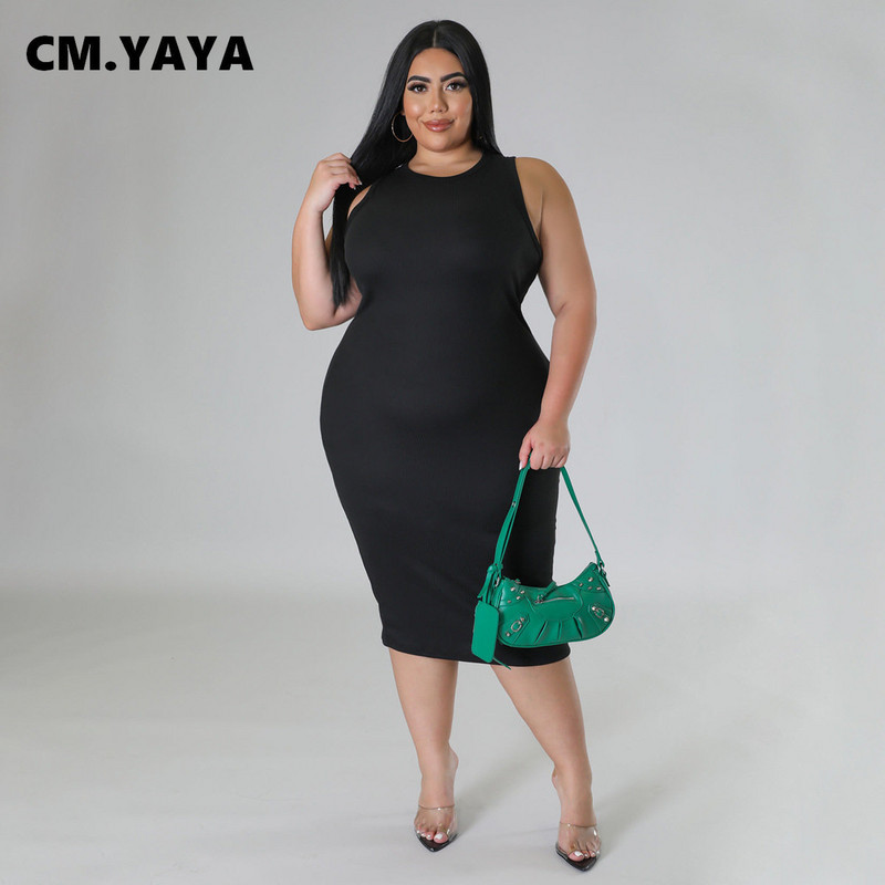 CM.YAYA Sievietēm Liela izmēra Modes Bezpiedurkņu Trikotāžas Riebu Bodycon Midi Tank Kleita High Street Vintage ballīšu vakarkleitas ar zīmuli