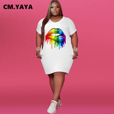 CM.YAYA Liela izmēra sieviešu kleita ar V veida kakla izgriezumu ar īsām piedurknēm, klasiska modes t-veida stila kleita līdz ceļgalam