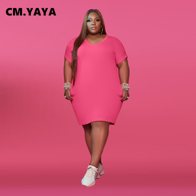 CM.YAYA Liela izmēra sieviešu kleita ar V veida kakla izgriezumu ar īsām piedurknēm, klasiska modes t-veida stila kleita līdz ceļgalam