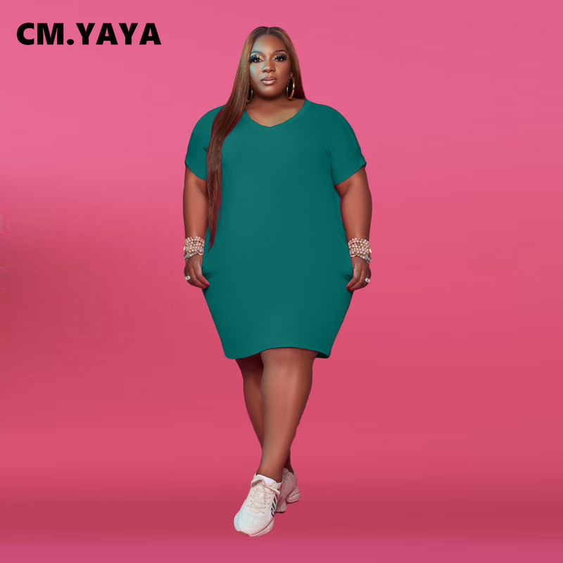 CM.YAYA Liela izmēra sieviešu kleita ar V veida kakla izgriezumu ar īsām piedurknēm, klasiska modes t-veida stila kleita līdz ceļgalam