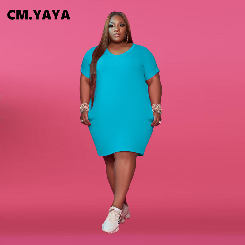 CM.YAYA Liela izmēra sieviešu kleita ar V veida kakla izgriezumu ar īsām piedurknēm, klasiska modes t-veida stila kleita līdz ceļgalam