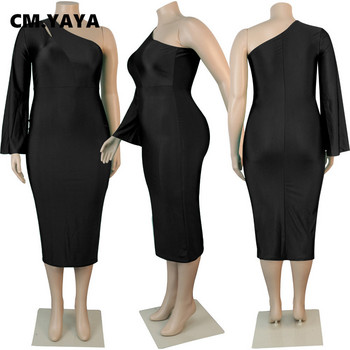 CM.YAYA Plus Size 2XL-5XL Γυναικείο Φόρεμα Φθινοπωρινό Sexy Club Party One Shoulder Μακρυμάνικο Bodycon Φόρεμα Μολύβι Μίντι